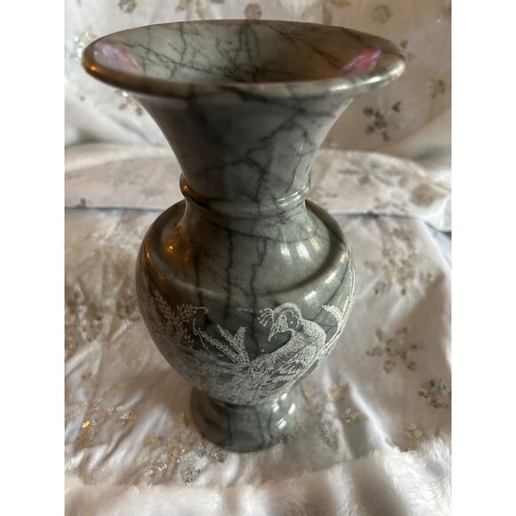 Handcrafted Gray Marble Vase With Intricate Silver Peacock Design - Picture 7 of 9